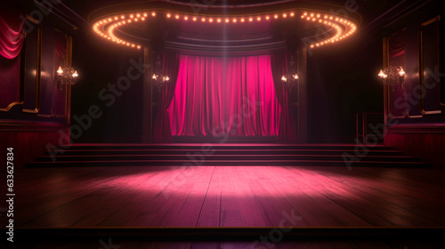 Empty burlesque stage or podium for dance with pink curtain. Copy space. Luxury design. Generative AI