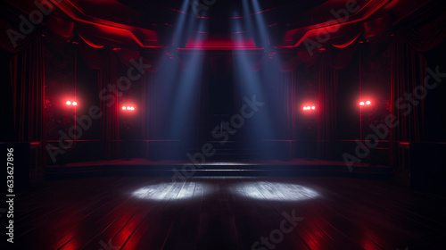 Empty burlesque stage or podium for dance with glowing neon light at dark. Copy space. Luxury vintage retro design. Generative AI