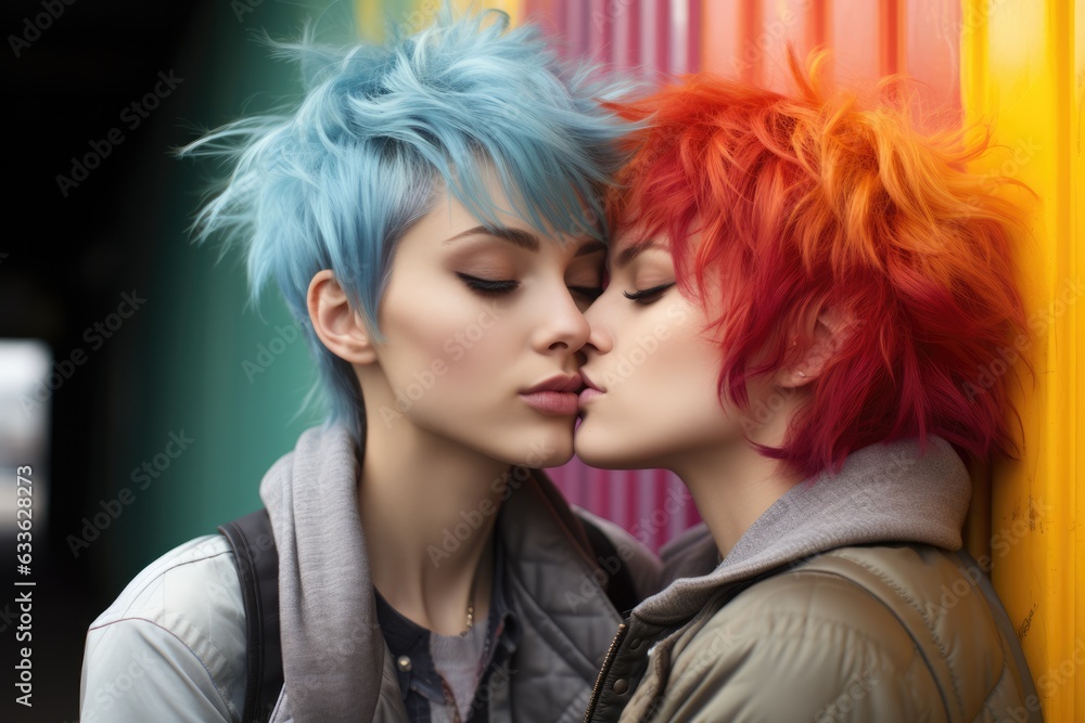 LGBT Girl with short blue hair sharing a kiss - Stock photography concepts LGBT Girl with short blue hair sharing a kiss - Stock photography concepts