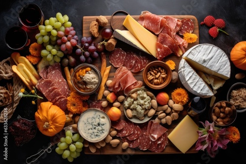 flat lay of gourmet cheese platter and charcuterie items