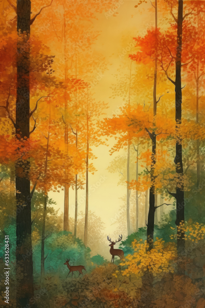 Watercolor illustration of early autumn in the forest