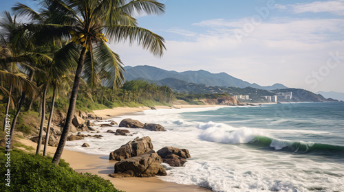 Palm trees ocean waves and beach