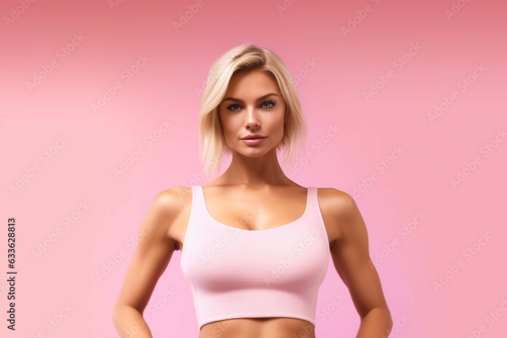 Obraz premium Lean Blonde Beauty: Mesmerizing Gaze Against Pink Background. Elegance and Fitness Unite. Radiating Confidence and Attraction. Graceful Strength in a Captivating Scene. Generative Ai