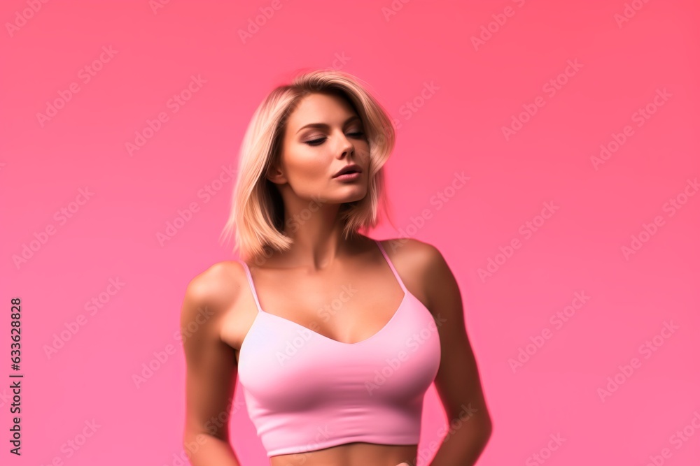 Lean Blonde Beauty: Mesmerizing Gaze Against Pink Background. Elegance and Fitness Unite. Radiating Confidence and Attraction. Graceful Strength in a Captivating Scene. Generative Ai Lean Blonde Beauty: Mesmerizing Gaze Against Pink Background. Elegance and Fitness Unite. Radiating Confidence and Attraction. Graceful Strength in a Captivating Scene. Generative Ai
