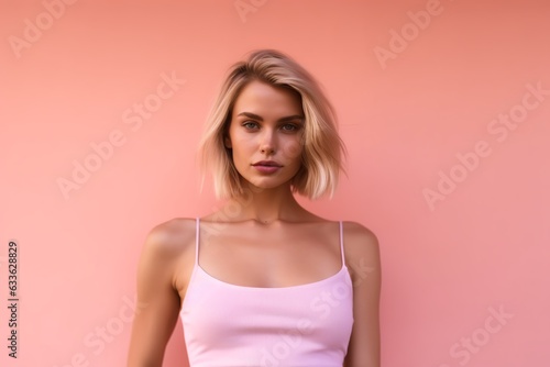 Lean Blonde Beauty  Mesmerizing Gaze Against Pink Background. Elegance and Fitness Unite. Radiating Confidence and Attraction. Graceful Strength in a Captivating Scene. Generative Ai