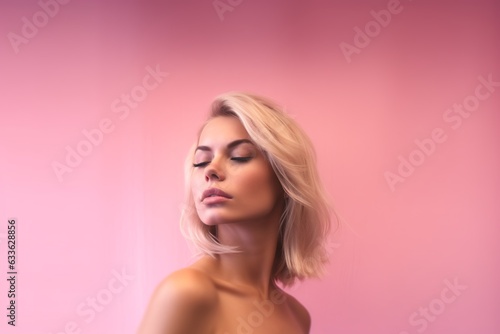 Lean Blonde Beauty: Mesmerizing Gaze Against Pink Background. Elegance and Fitness Unite. Radiating Confidence and Attraction. Graceful Strength in a Captivating Scene. Generative Ai