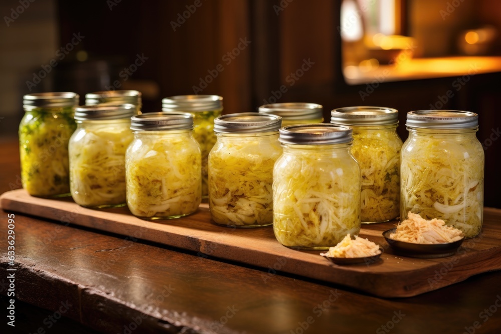sauerkraut-filled jars lined up on a wooden countertop sauerkraut-filled jars lined up on a wooden countertop