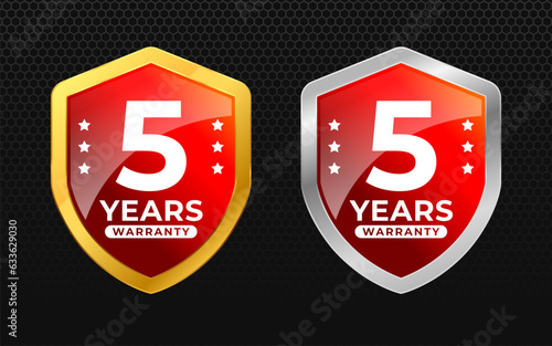 5 years warranty with glossy gold and silver vector shield shape. for label, seal, stamp, icon, logo, badge, symbol, sticker, button