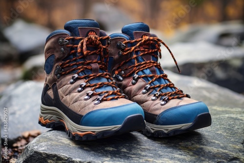 close-up of hiking boots and trekking poles