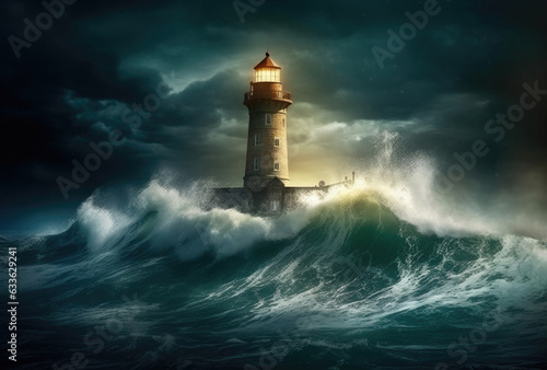 Lighthouse in a Big Waves Stormy Sea or Ocean and Dark Clouds Sky. Generative AI © doomu