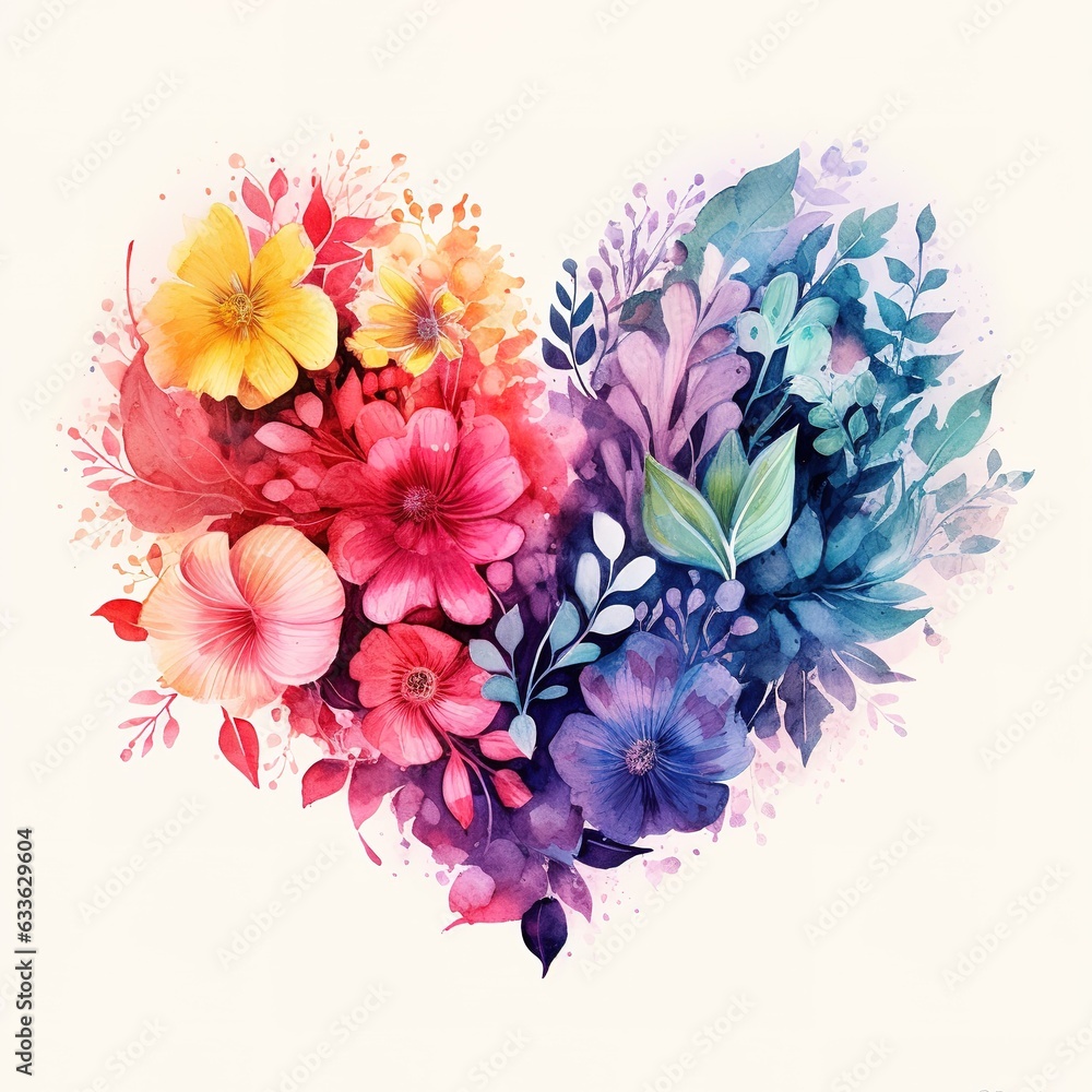 watercolor heart of flowers on white background