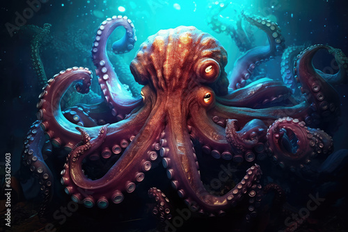 Octopus with Large Eyes Swimming Deep Ocean Water extreme closeup. Generative AI
