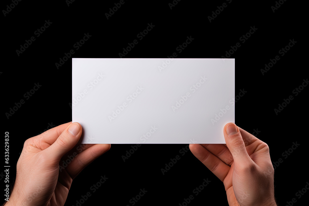 A human hand holding a blank sheet of white paper or card isolated on black background A human hand holding a blank sheet of white paper or card isolated on black background