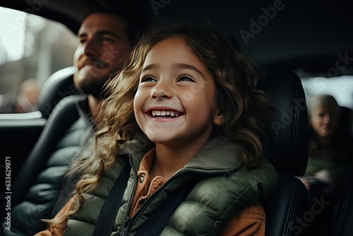 happy father and daughter looking at camera while sitting in backseat of car