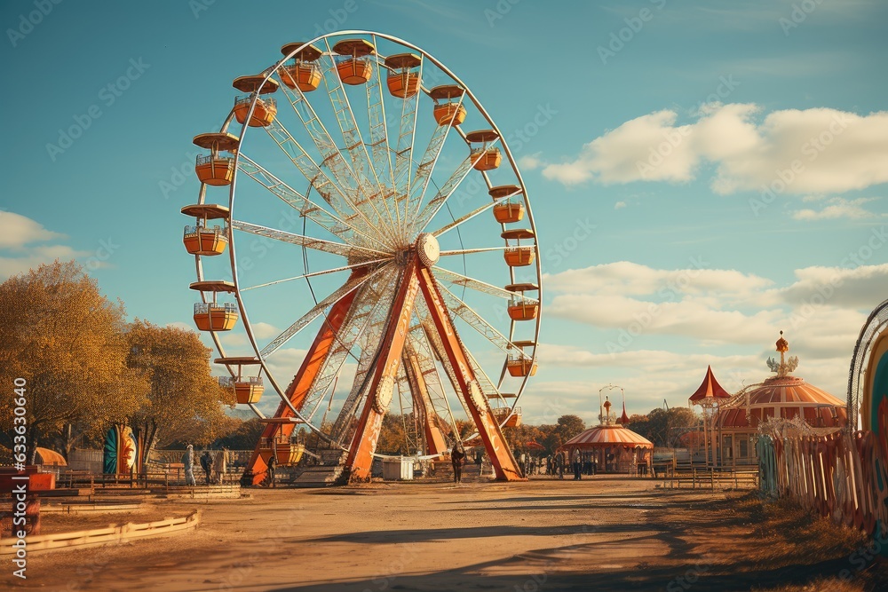 Colorful ferris wheel of the amusement park in the blue sky background. Leisure and entertainment concept. Vacation time - obrazy, fototapety, plakaty 