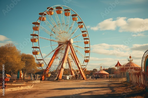 Colorful ferris wheel of the amusement park in the blue sky background. Leisure and entertainment concept. Vacation time