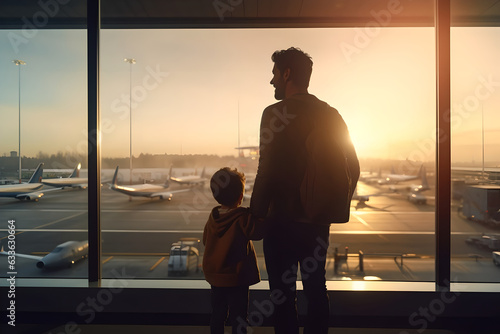 Silhouettes of a father and son standing by an expansive airport window, their figures outlined by the backdrop of departing and arriving planes, capturing a cherished scene of departure or reunion
