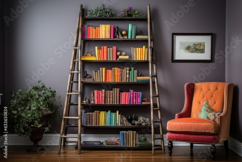 antique ladder bookshelf with books aligned by color