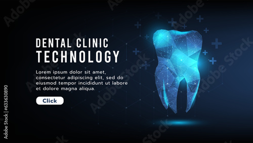 3d Tooth in low polygon design.Stomatology dental protection, treatment in clinic or hospital.Healthcare and medical.Hi-tech, futuristic and digital technology background concept.Vector illustration.