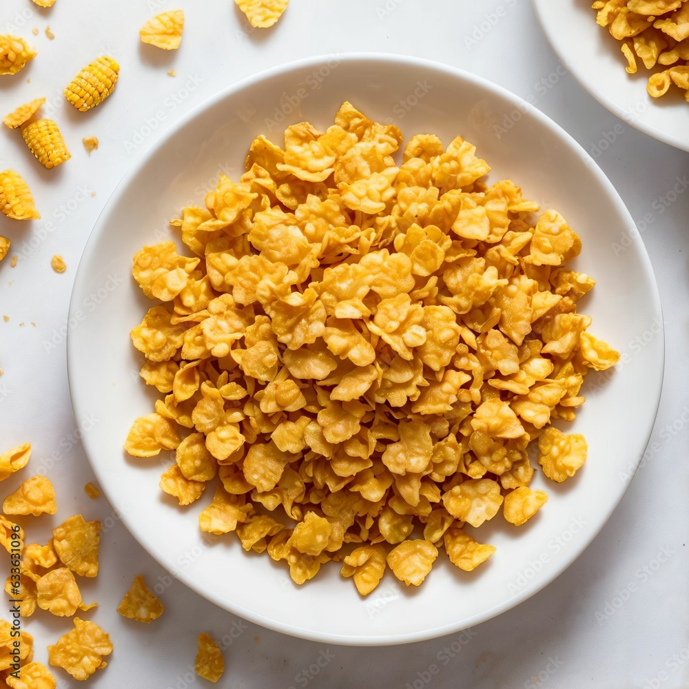 A top view of a cluster of golden corn flakes, texture and irregular shape, gently piled on a pristine white surface, capturing the essence of breakfast comfort A top view of a cluster of golden corn flakes, texture and irregular shape, gently piled on a pristine white surface, capturing the essence of breakfast comfort