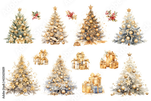 Luxe Gold watercolor Christmas tree, present gift box, holly and berries vector
