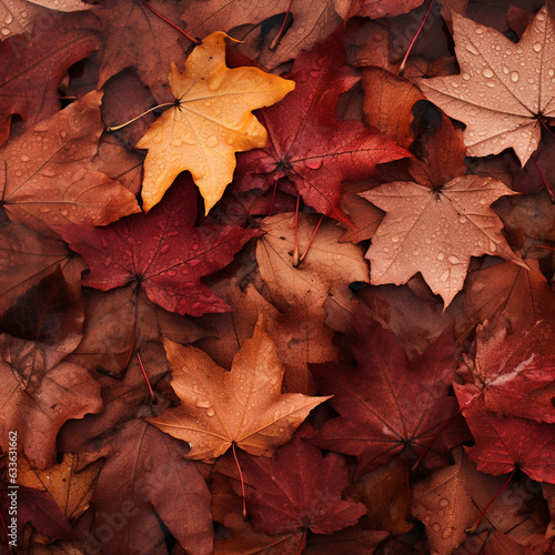 autumn leaves on red  background from glue leaves  AI generator 
