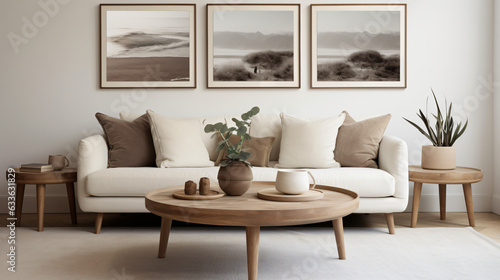 Round wooden coffee table near white sofa against frames on wall