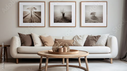 Round wooden coffee table near white sofa against frames on wall