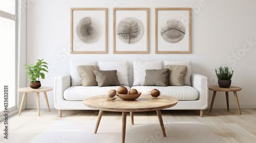 Round wooden coffee table near white sofa against frames on wall © Little