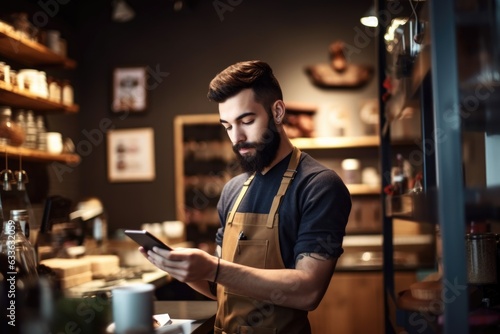 shot of a young man using a digital tablet while working in his store