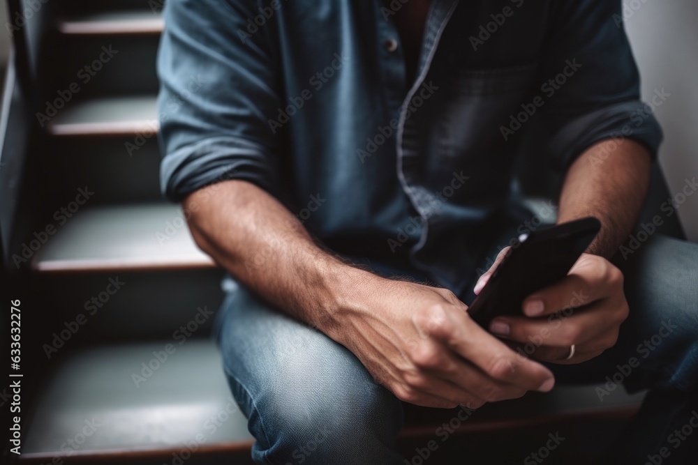 cropped shot of a man using a smartphone on the stairs at home