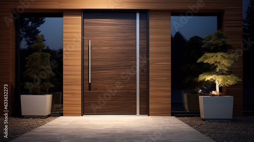Traditional cheap front entrance door with wood, brown wooden style, Generative AI