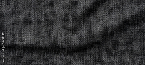 Black linen fabric texture. Black cloth textile background. Draped raw organic cloth black pattern, banner