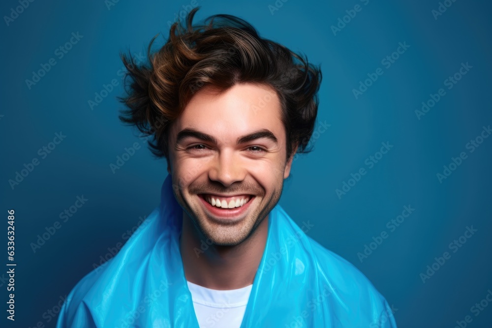 hairdresser, portrait and smile of man in salon for haircare fashion on blue background