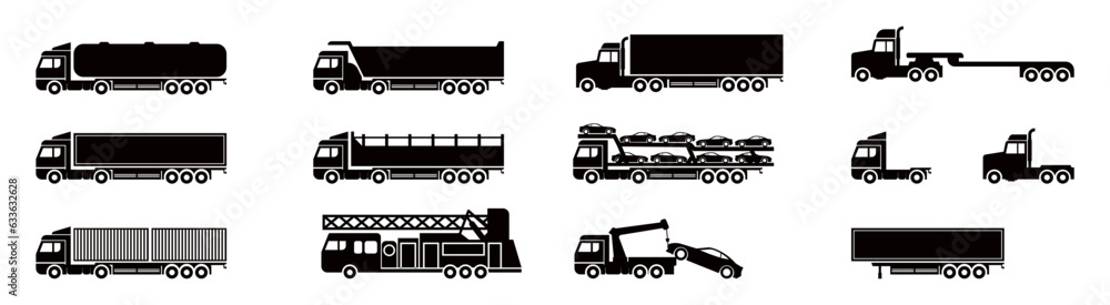 Set of trucks - heavy vehicles silhouette icon isolated on white background vector illustration Set of trucks - heavy vehicles silhouette icon isolated on white background vector illustration