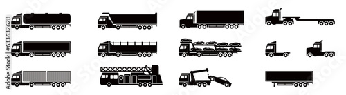 Set of trucks - heavy vehicles silhouette icon isolated on white background vector illustration