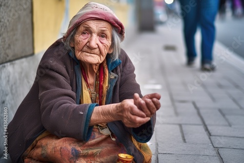 Fototapeta elderly woman begging for money on street