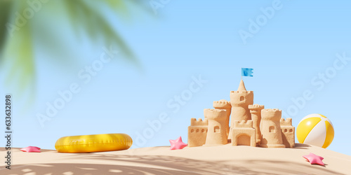 Sand castle on the beach and beach accessories. The concept of holidays with children at sea, travel. Mock up. 3d rendering