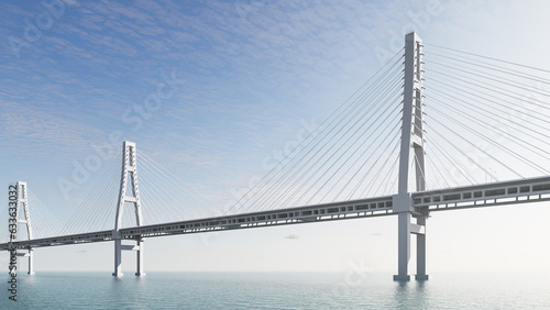 Long white bridge over the water. High-speed highway, transport crossing over the sea. 3d rendering
