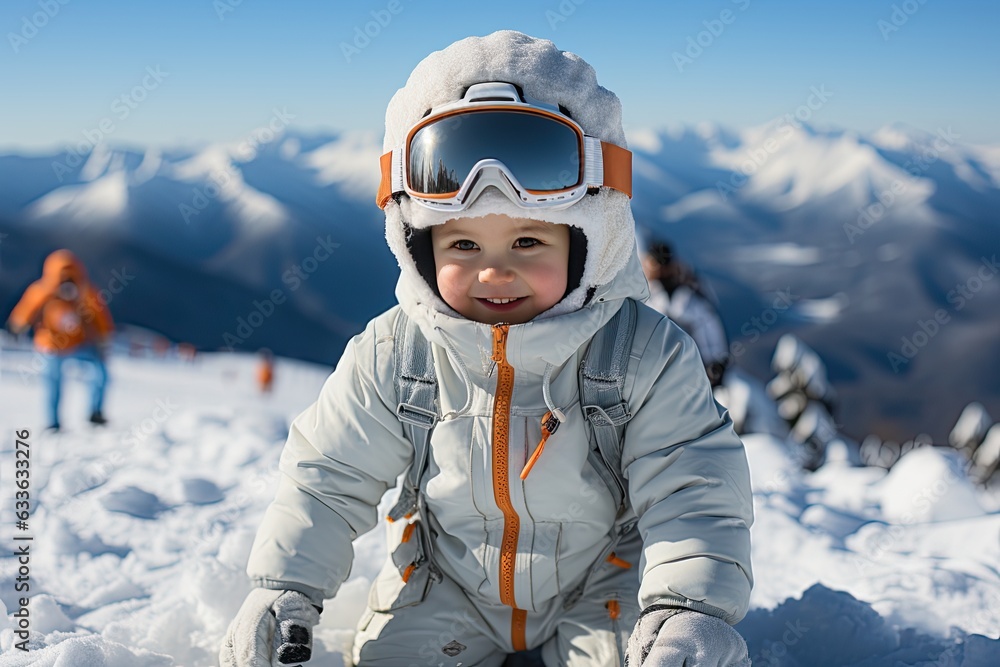 Child in suit skiing in the mountains. Winter sport for family with young children. Kids ski lesson in alpine school. Snow fun for little skier. Snow winter resort.
