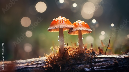Up close macro of red mushrooms growing in forest, beautiful bokeh background blur, shallow depth of field, fungi in nature, organic plants, poisonous - generative AI