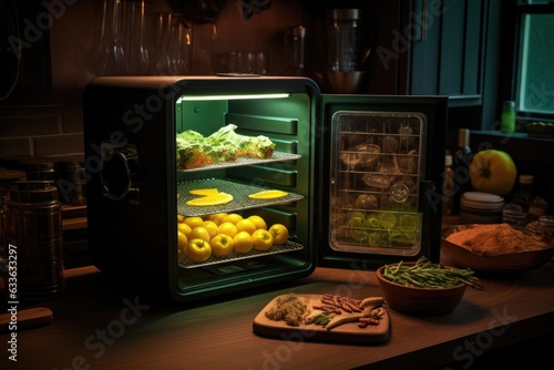 food dehydrator machine with glowing light in a dark kitchen © altitudevisual