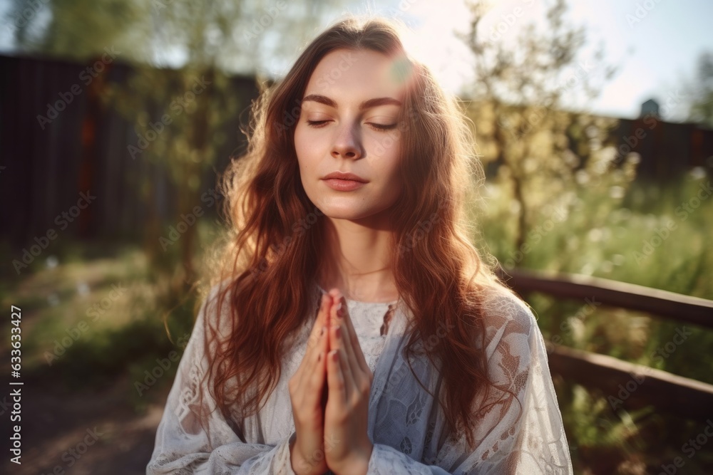 portrait of a young woman meditating outdoors portrait of a young woman meditating outdoors