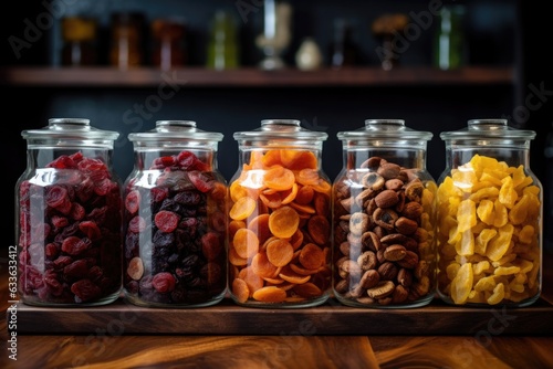 dehydrated fruit and nuts in glass jars