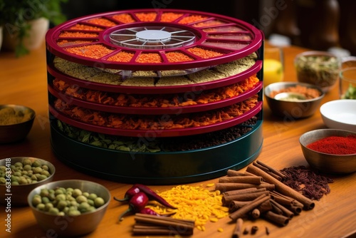 a dehydrator with trays of colorful spices