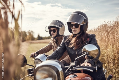 shot of a young couple wearing helmets as they ride their vintage motorbikes outdoors