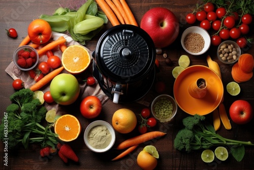 top view of juicer and fruit assortment on table