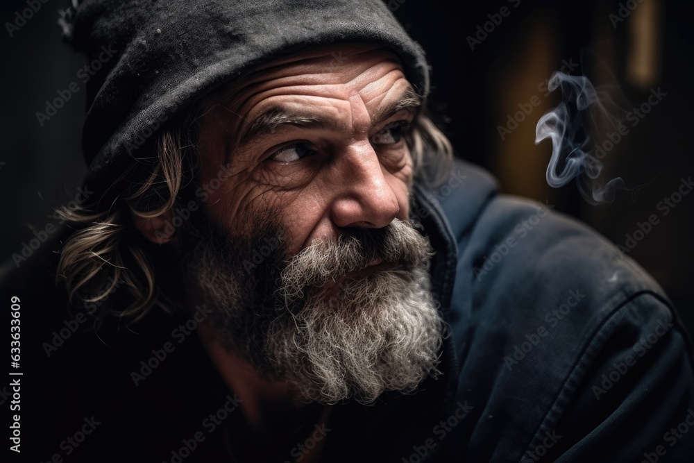 smoking, homeless man and portrait of a poverty person with addiction issues in the city