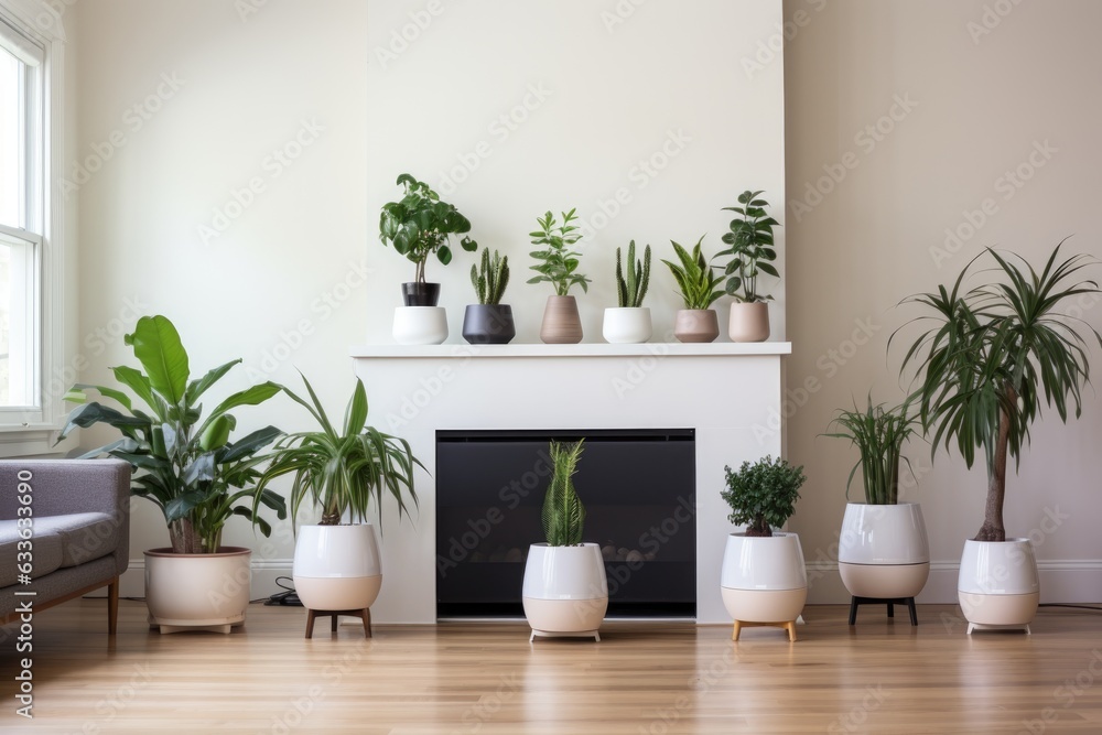 multiple smart pots lined up in a minimalist living space multiple smart pots lined up in a minimalist living space