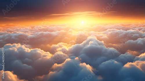 Beautiful landscape of sunrise above clouds. A breathtaking sunrise painting the sky with a golden palette as it emerges above a sea of clouds, a serene and majestic aerial landscape, dawn